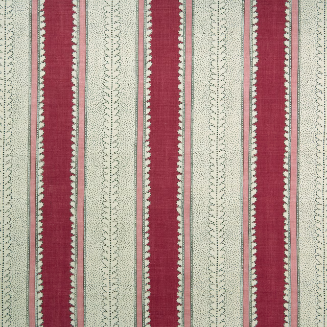 Burgundy and blush pink vertical stripes with dotted sage motifs on linen