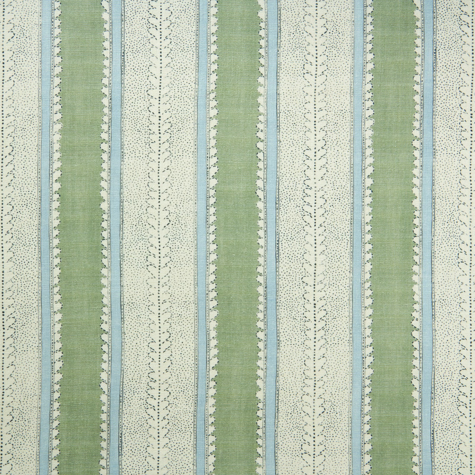 Eucalyptus green, pale blue and ivory linen with dotted vertical botanical stripes