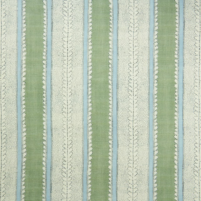 Eucalyptus green, pale blue and ivory linen with dotted vertical botanical stripes