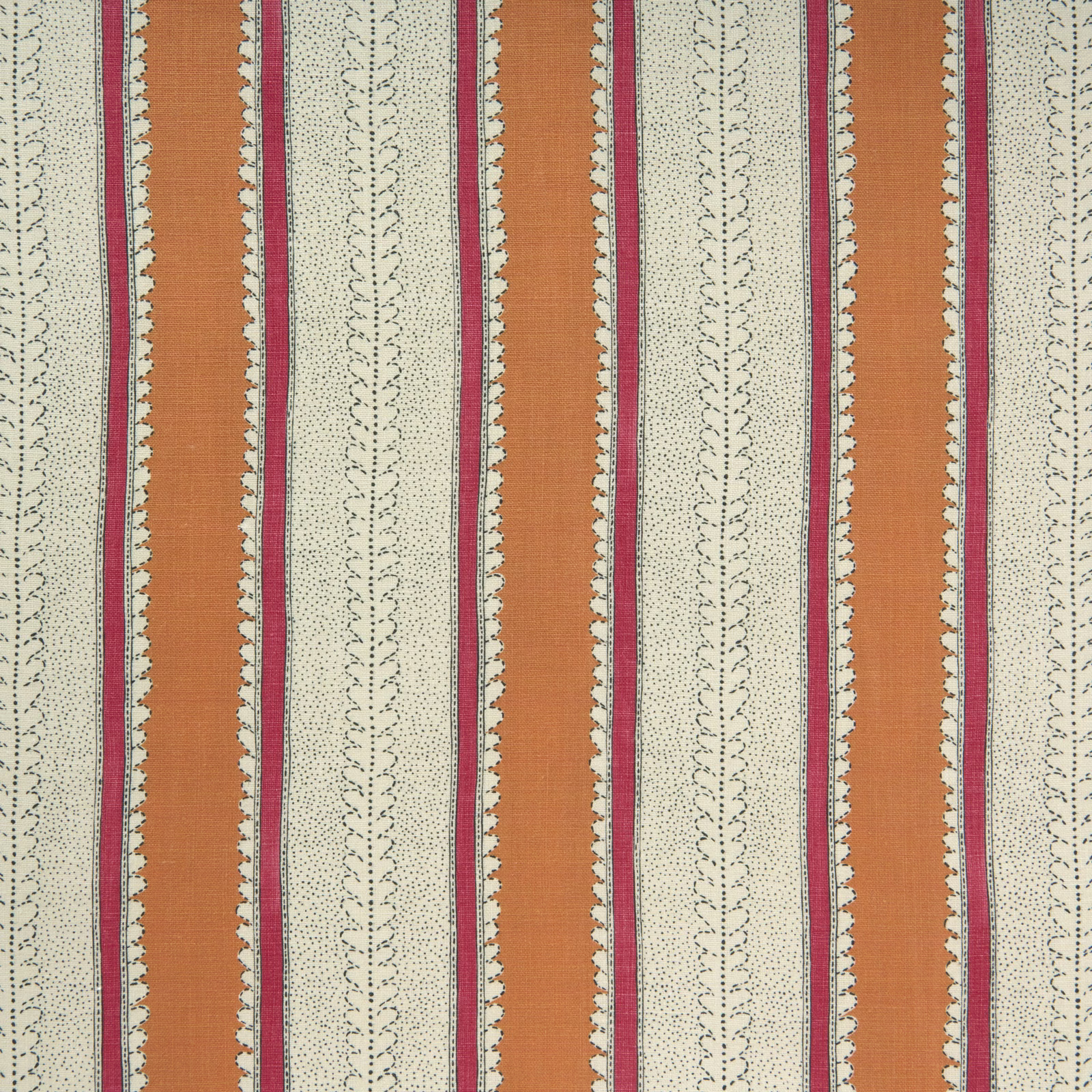 Terracotta, pink and cream linen stripe with dotted vine motifs and scalloped edges