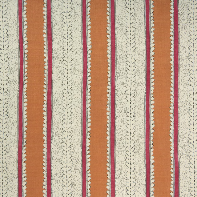 Terracotta, pink and cream linen stripe with dotted vine motifs and scalloped edges