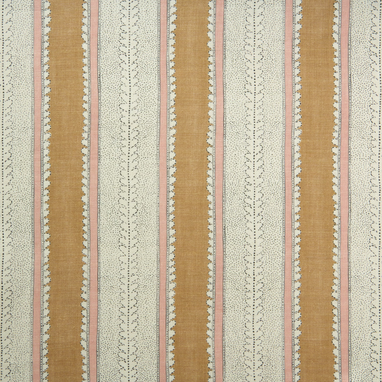 Warm fudge-brown striped linen with pale dotted motifs and soft pink pinstripes