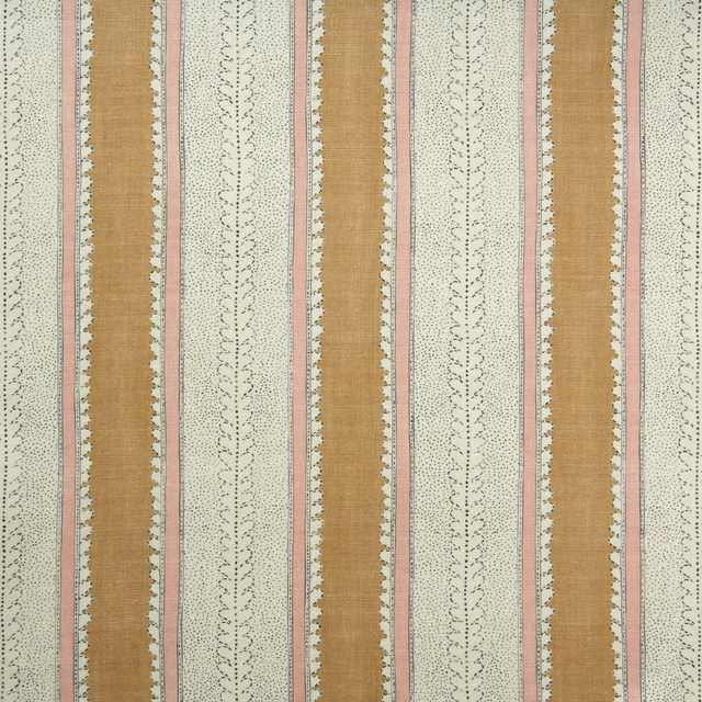 Warm fudge-brown striped linen with pale dotted motifs and soft pink pinstripes