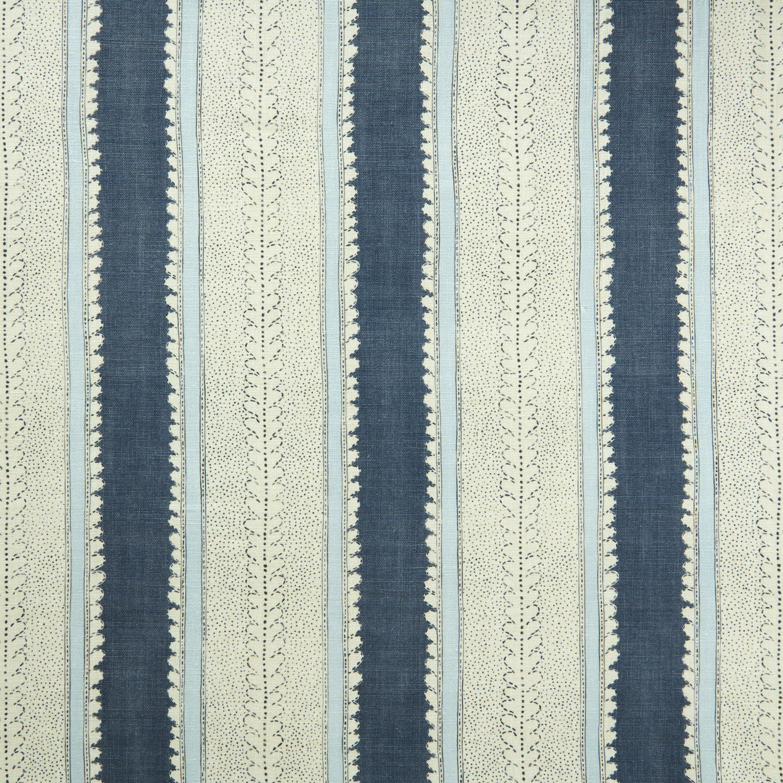 Muted indigo and pale blue vertical stripes with dotted motifs on textured linen