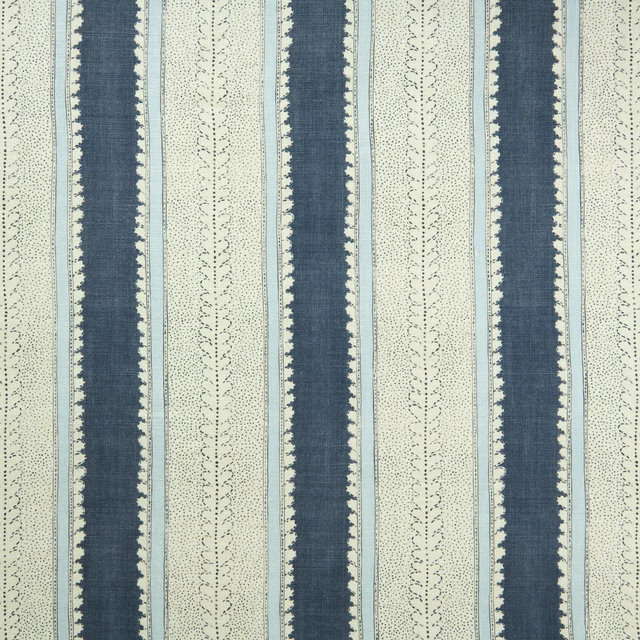Muted indigo and pale blue vertical stripes with dotted motifs on textured linen