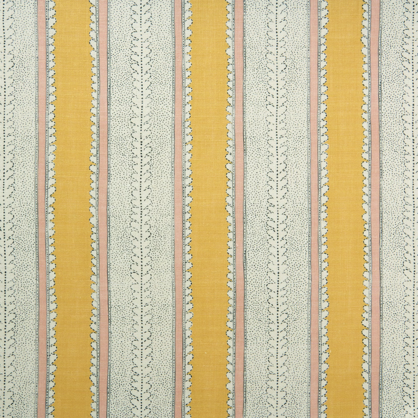 Mango, pale sage and blush striped linen with fine dotted vertical motifs