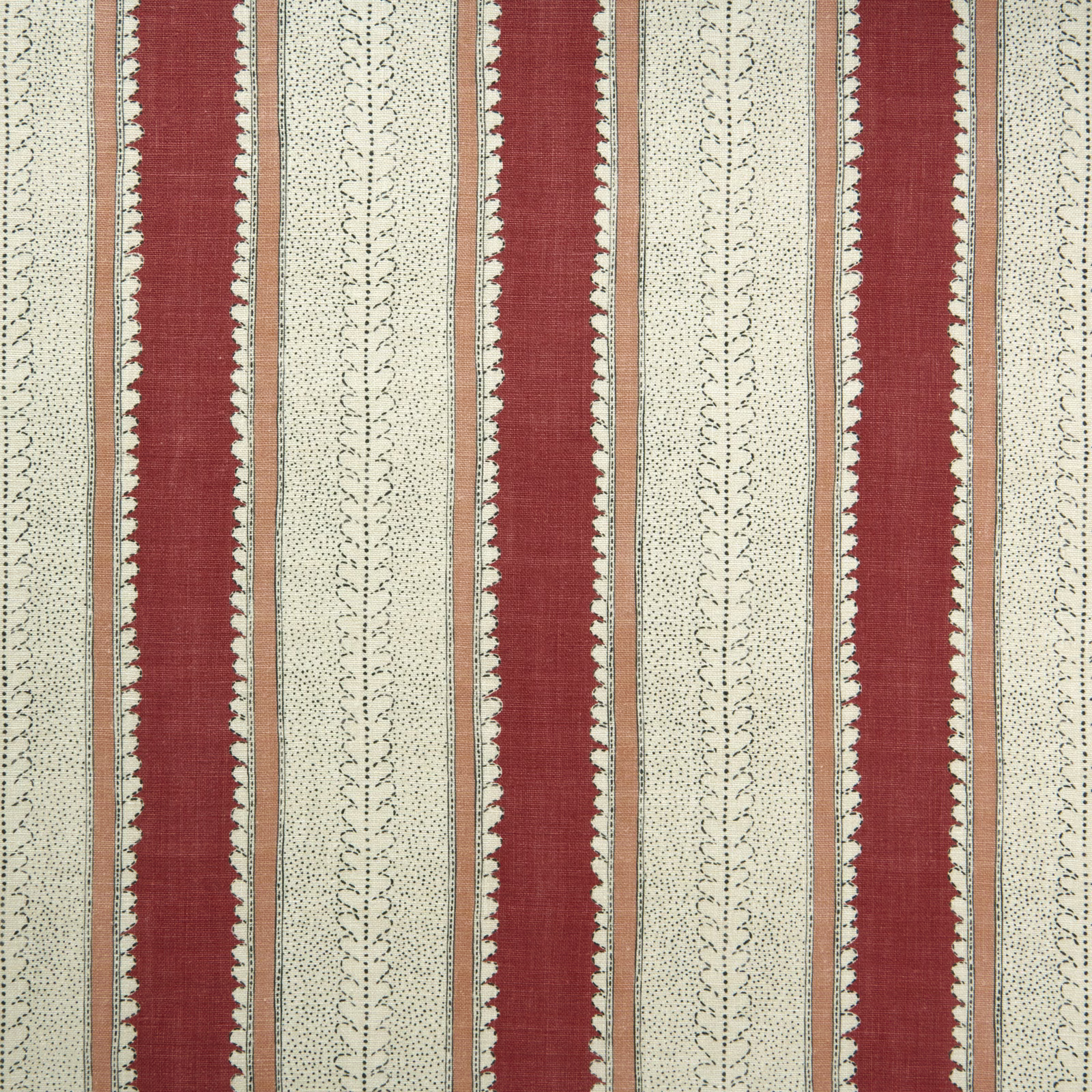 Burgundy and ivory vertical striped linen with dotted vine motifs