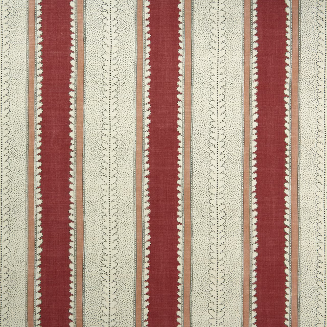 Burgundy and ivory vertical striped linen with dotted vine motifs