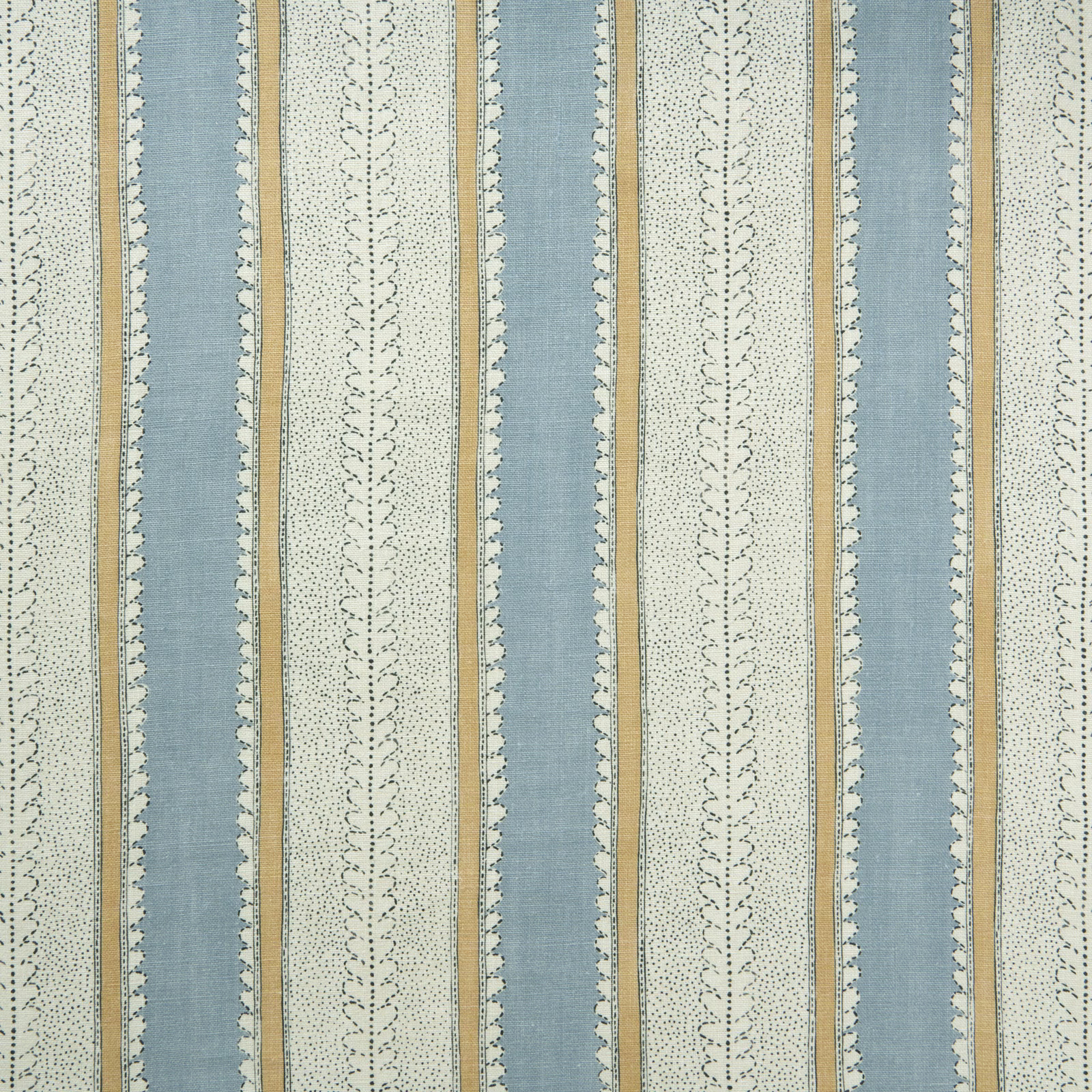 Powder blue and ivory vertical striped linen with tan accents and dotted leaf tracery