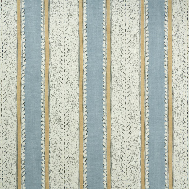 Powder blue and ivory vertical striped linen with tan accents and dotted leaf tracery