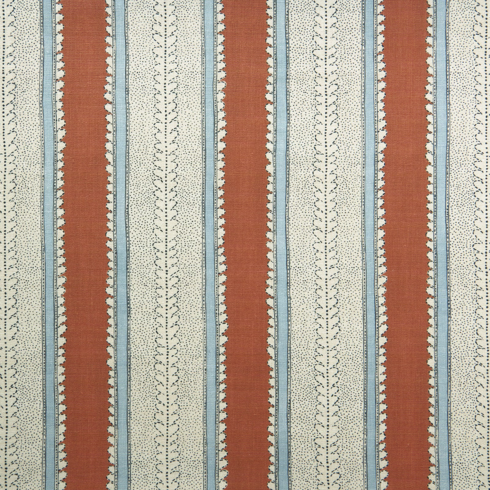 Rust, pale blue and cream vertical striped linen with delicate dotted motifs