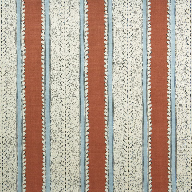 Rust, pale blue and cream vertical striped linen with delicate dotted motifs
