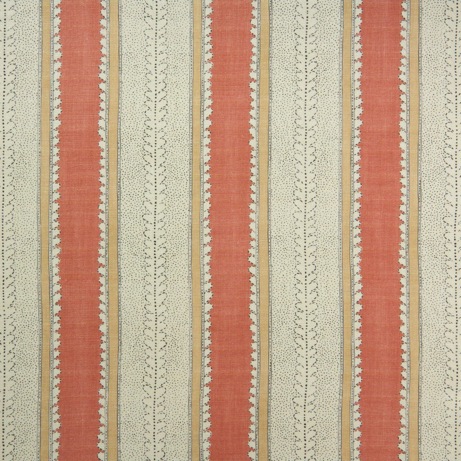 Muted coral-red and ivory vertical linen stripes with fine ochre and blue-grey tracery
