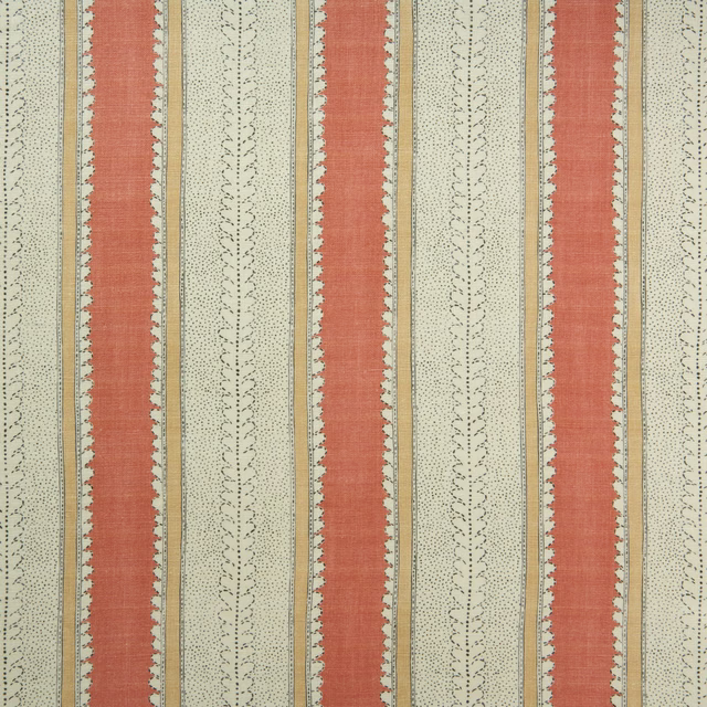 Muted coral-red and ivory vertical linen stripes with fine ochre and blue-grey tracery