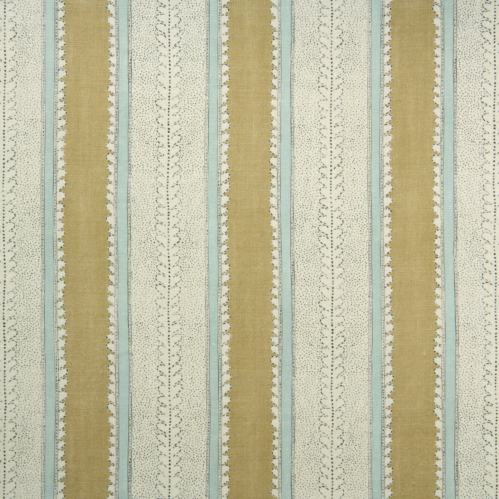 Vertical straw, pale blue and cream linen stripes with fine dotted detailing
