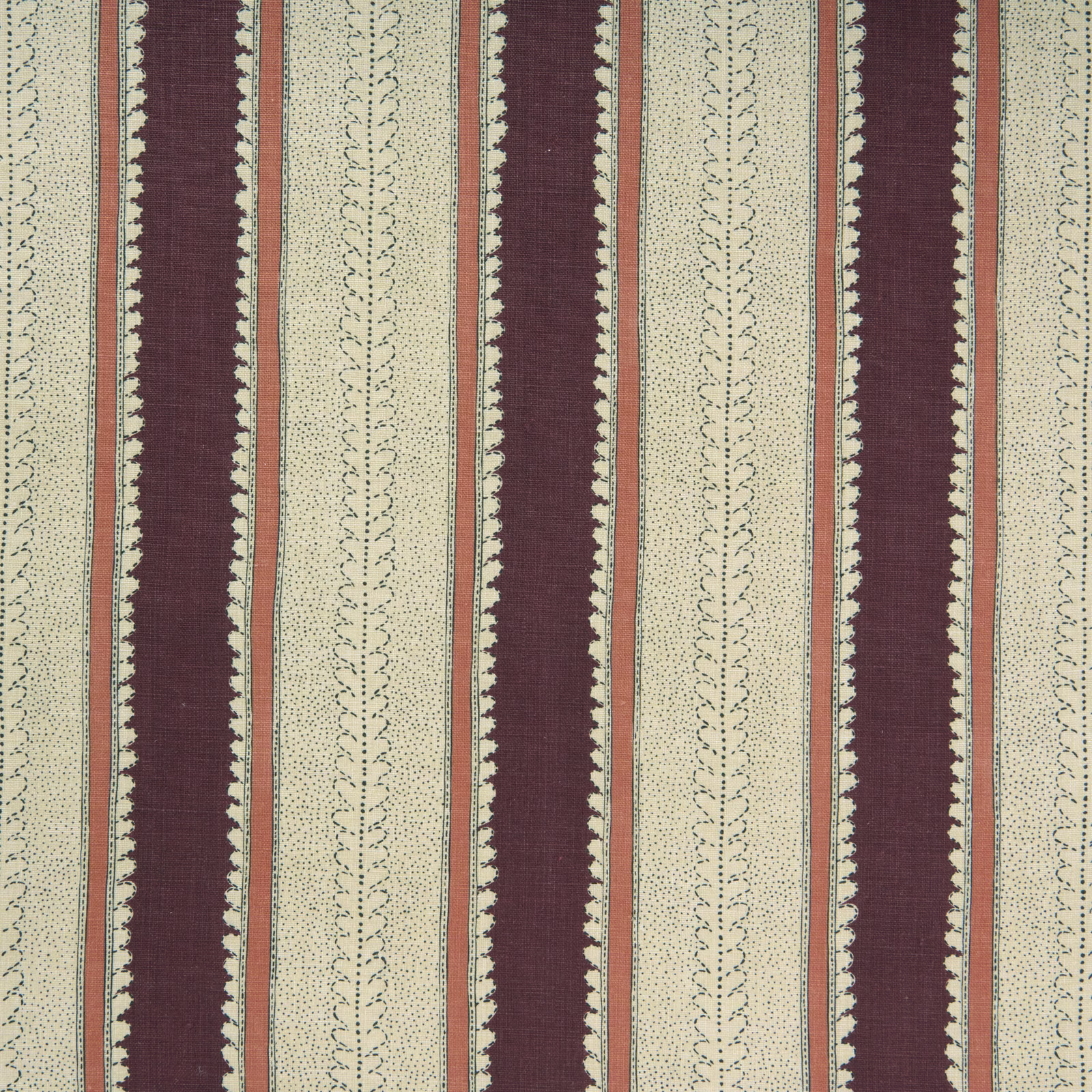 Plum, cream and terracotta vertical linen stripes with fine dotted vine motifs