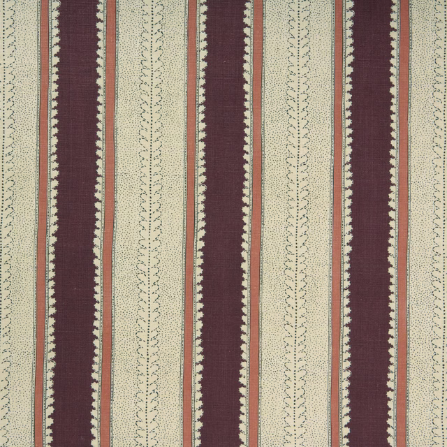Plum, cream and terracotta vertical linen stripes with fine dotted vine motifs