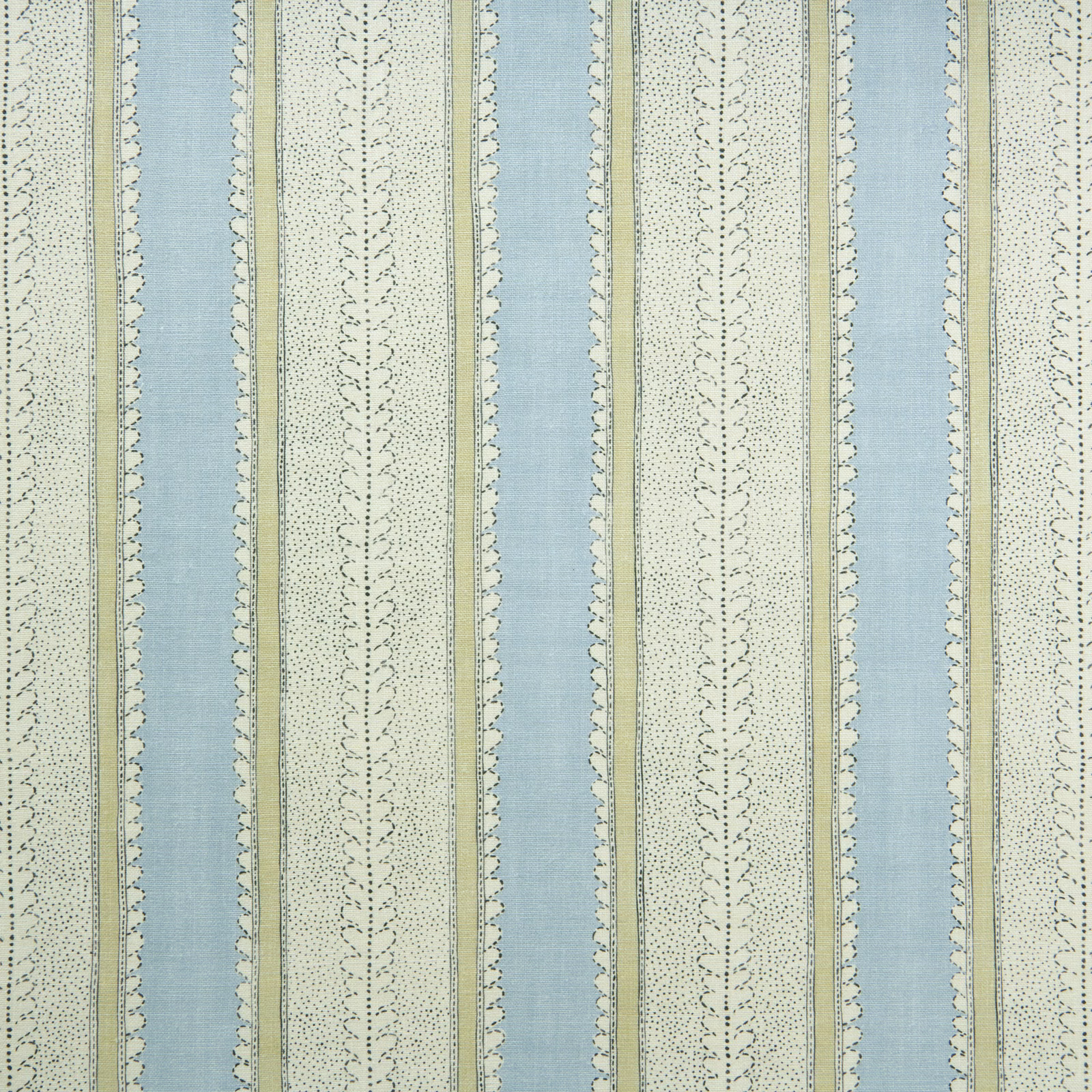 Close-up of Dimity Waterfall linen with powder-blue, sage and ivory dotted stripes