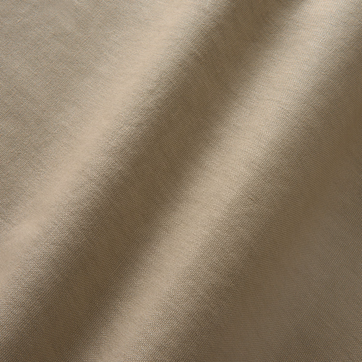 Warm fudge-taupe linen plain weave with fine texture and softly shaded folds