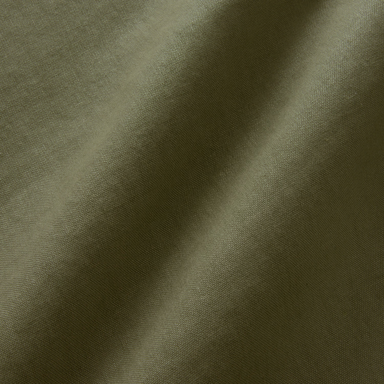 Close-up of muted olive-khaki linen with fine plain weave and soft folds