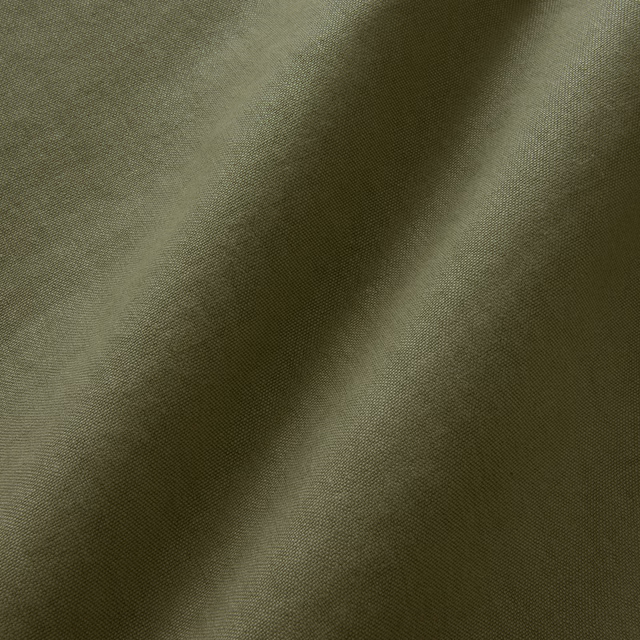 Close-up of muted olive-khaki linen with fine plain weave and soft folds