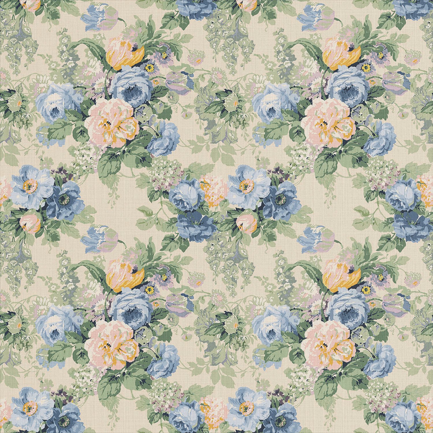 Pale sage linen with blue roses, blush blooms and leafy botanical sprigs