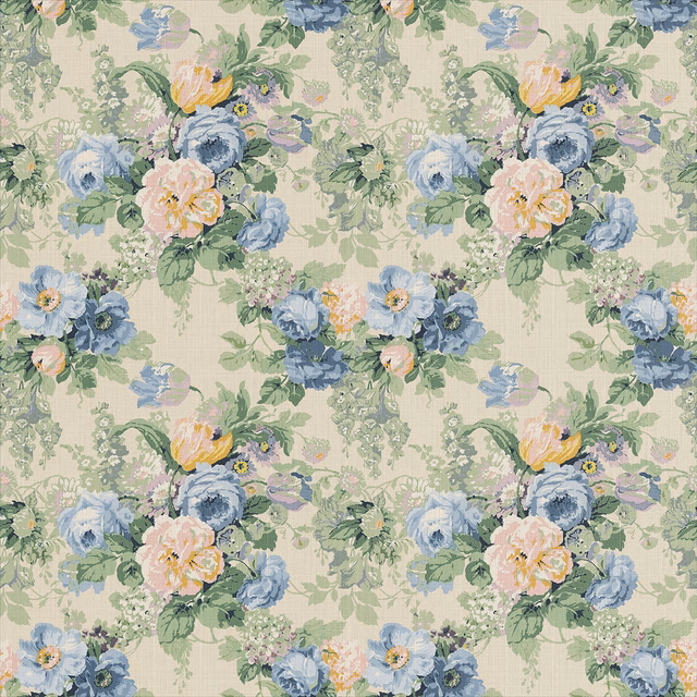 Pale sage linen with blue roses, blush blooms and leafy botanical sprigs