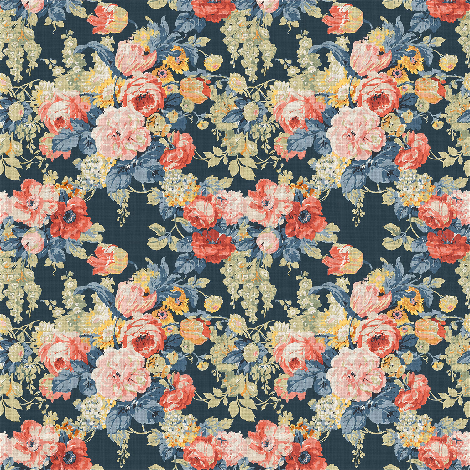 Charcoal linen floral repeat with coral roses, blush blooms and blue-grey foliage