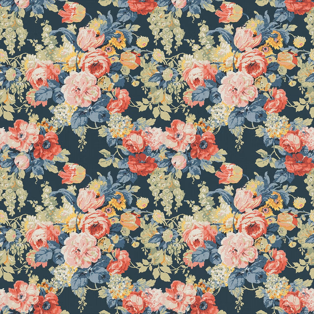Charcoal linen floral repeat with coral roses, blush blooms and blue-grey foliage