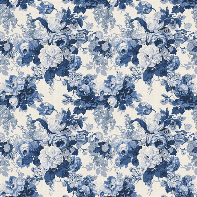 Cool blue and lilac floral bouquets with navy foliage on a pale ground