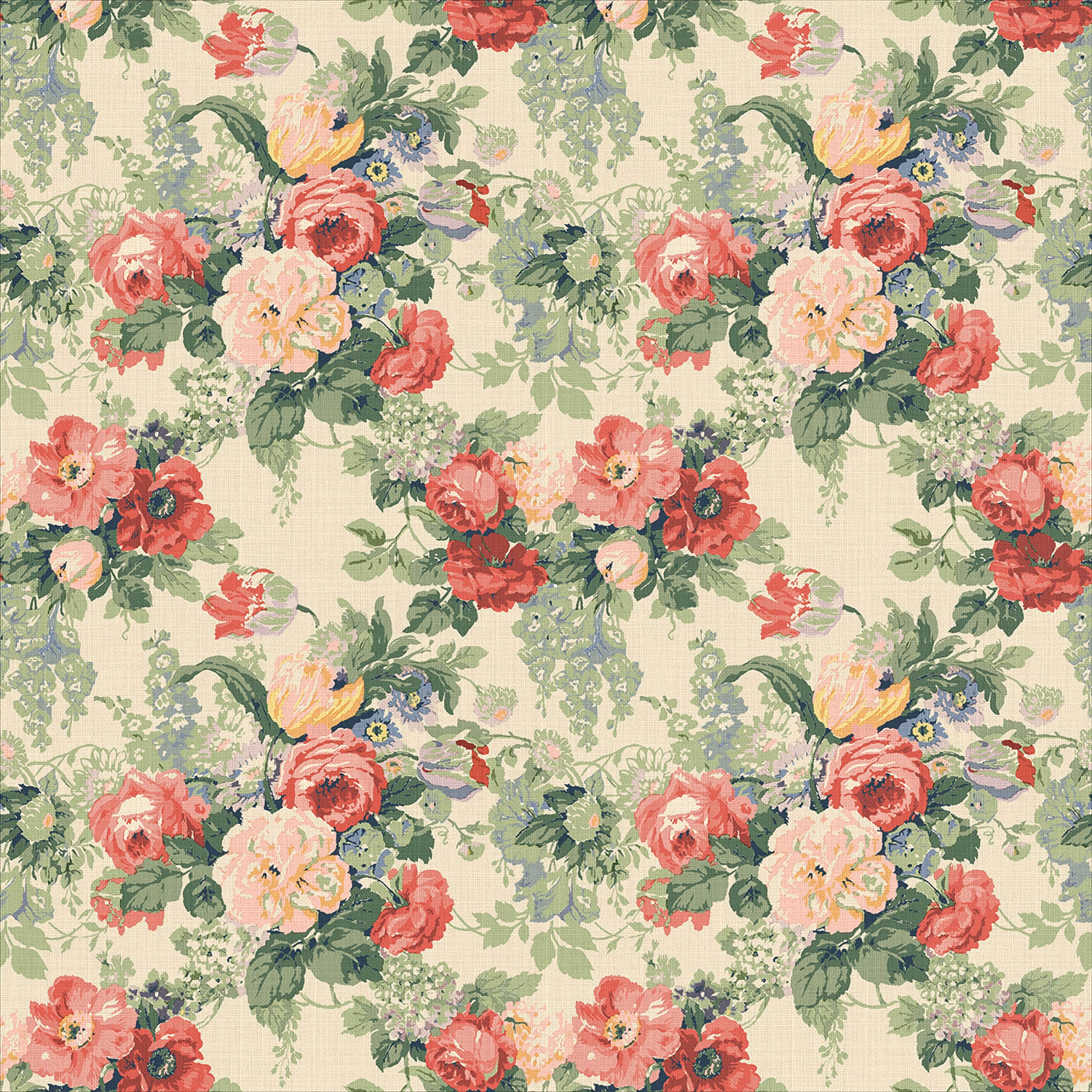 Sage linen floral with coral, peach and pink rose bouquets and leafy green foliage