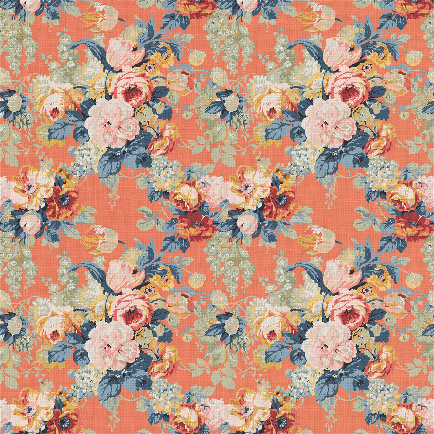 Coral orange linen floral print with blush roses, blue leaves and sage botanical sprays