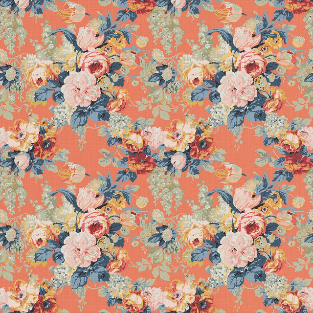 Coral orange linen floral print with blush roses, blue leaves and sage botanical sprays