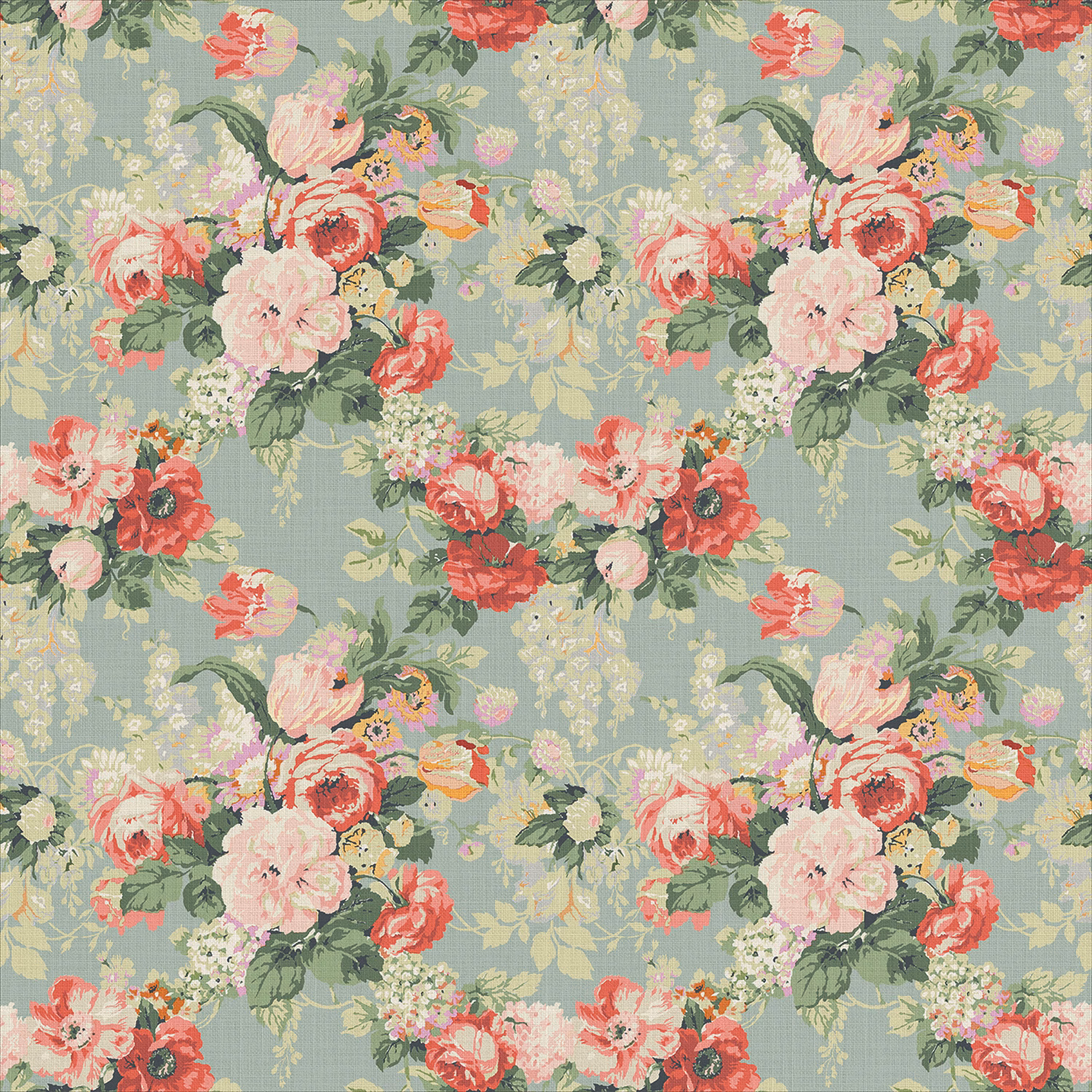 Cool blue-grey linen with coral roses, pink peonies and sage foliage