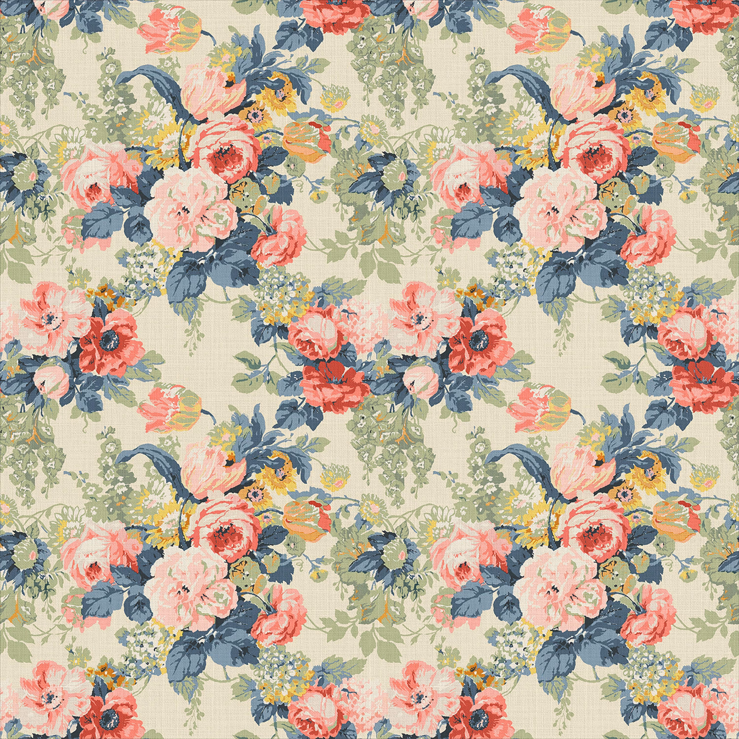 Sage linen floral print with pink roses, coral blooms and indigo leaves