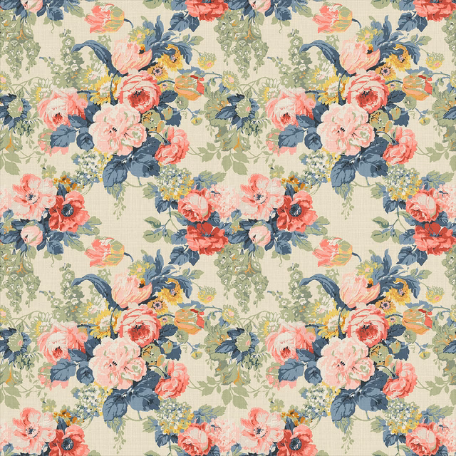 Sage linen floral print with pink roses, coral blooms and indigo leaves