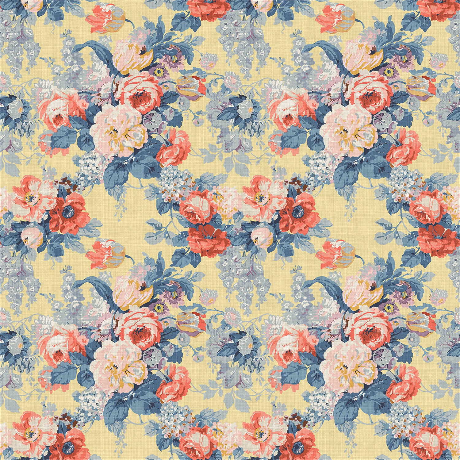 Lemon yellow linen with coral, blush and blue cottage-garden flower bouquets