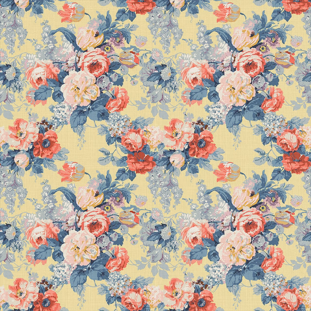 Lemon yellow linen with coral, blush and blue cottage-garden flower bouquets