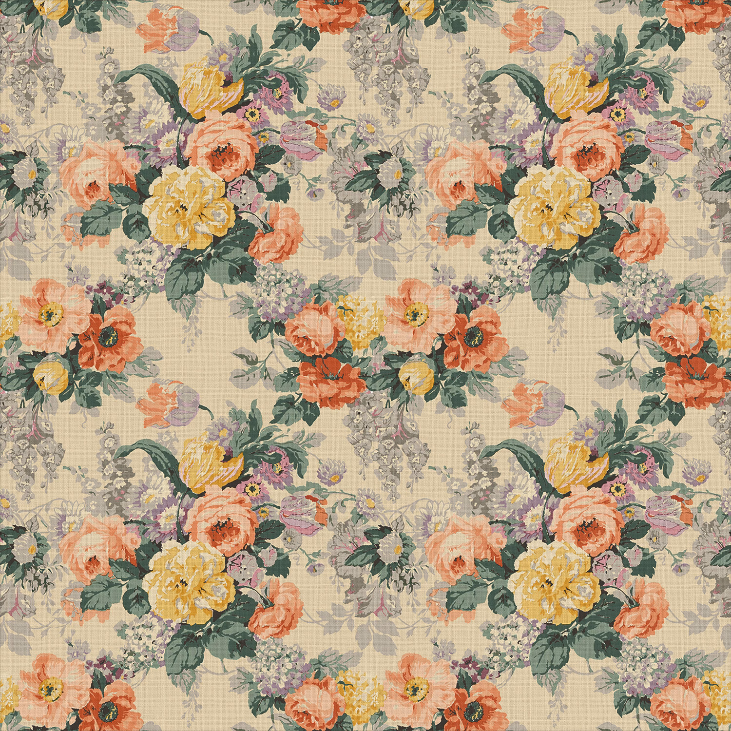 Warm beige linen with coral, mustard and sage clustered floral bouquets