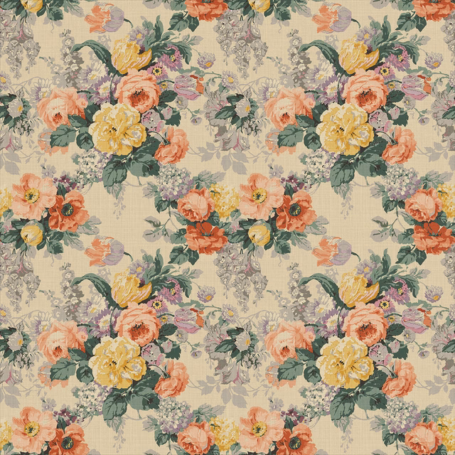 Warm beige linen with coral, mustard and sage clustered floral bouquets