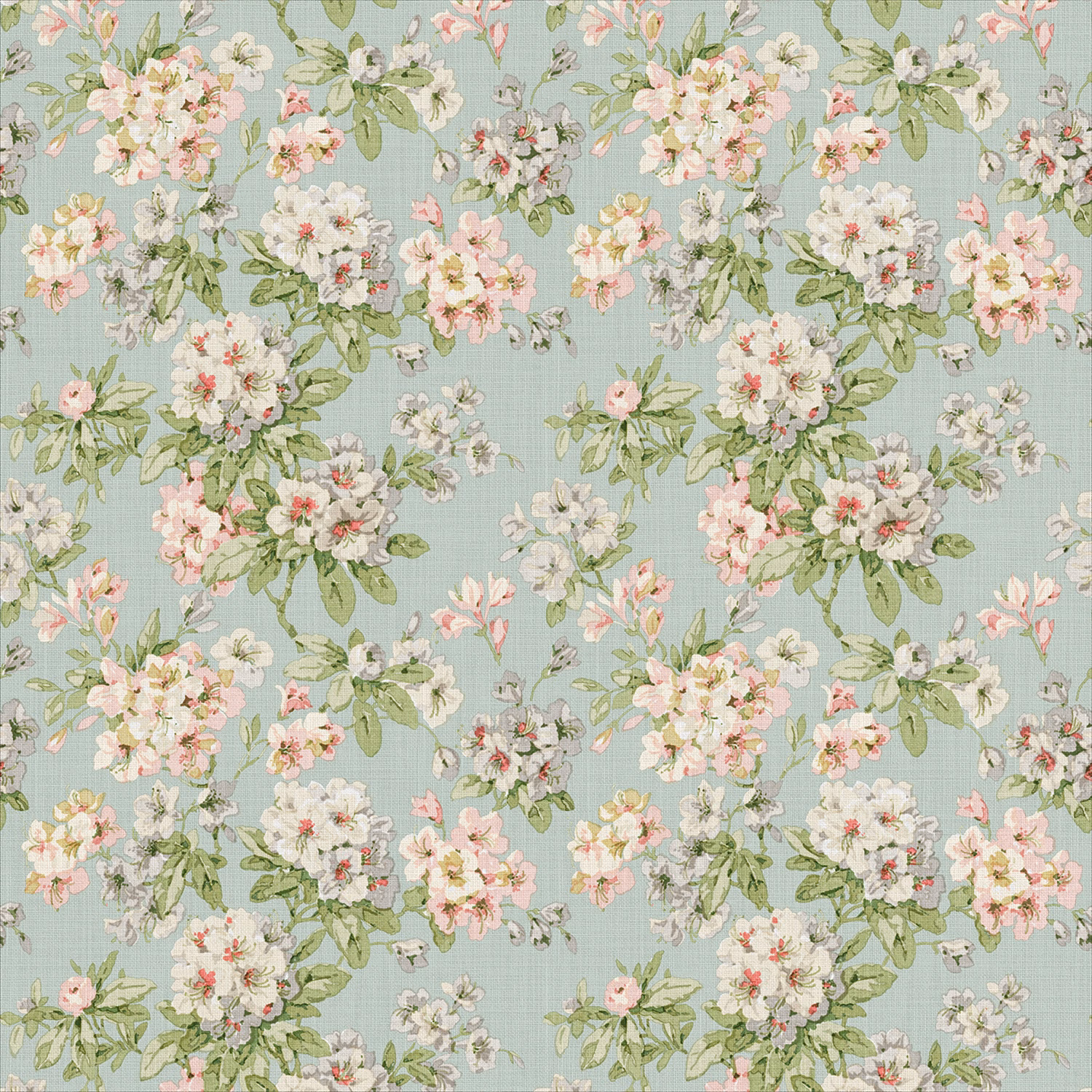 Blue-green linen floral print with blush bouquets, ivory blooms and sage leaves