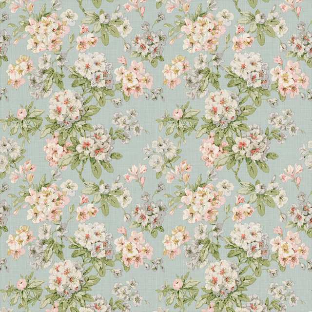 Blue-green linen floral print with blush bouquets, ivory blooms and sage leaves