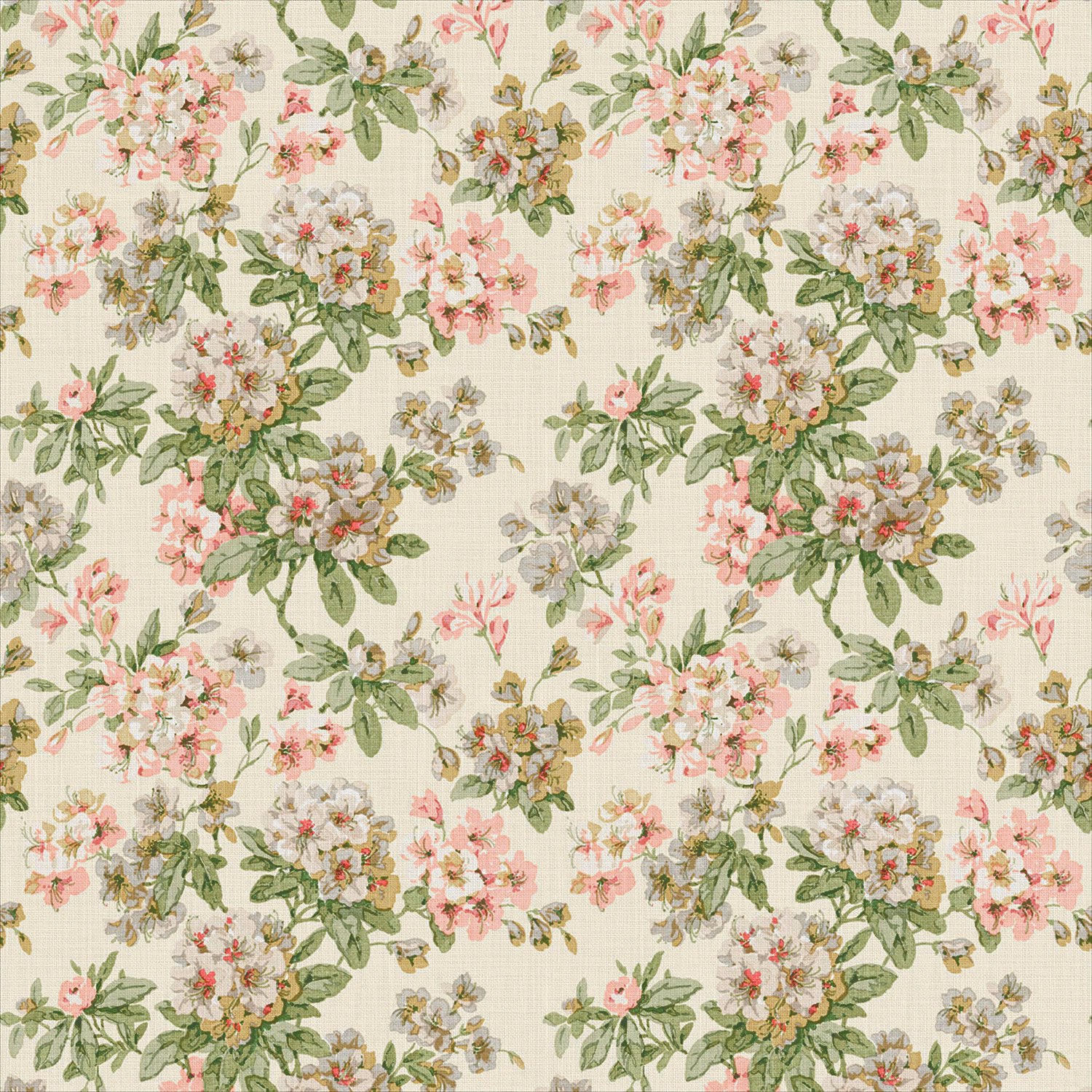 Ivory linen floral print with blush pink flowers and sage green foliage