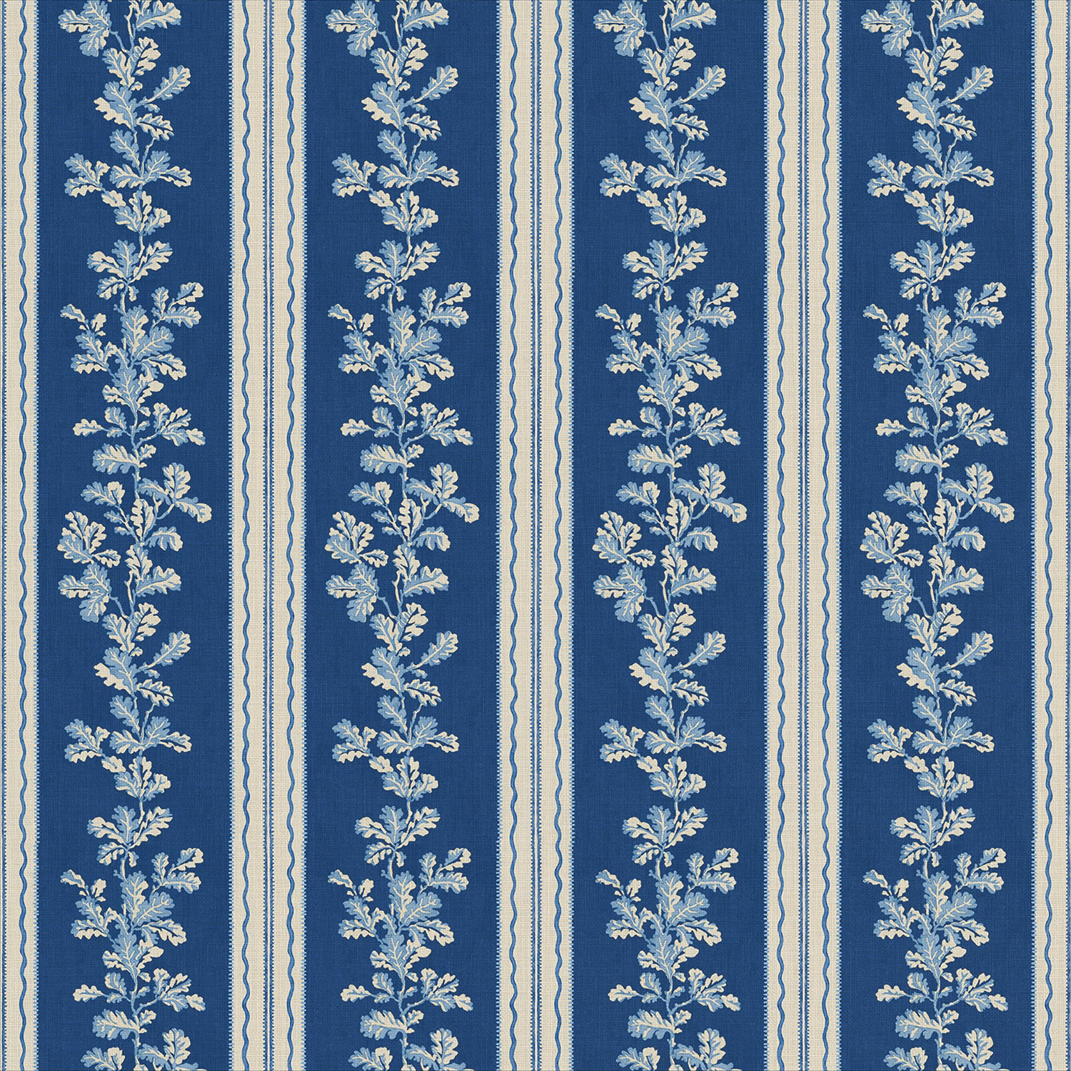 Deep blue linen with ivory and pale blue vertical floral stripes
