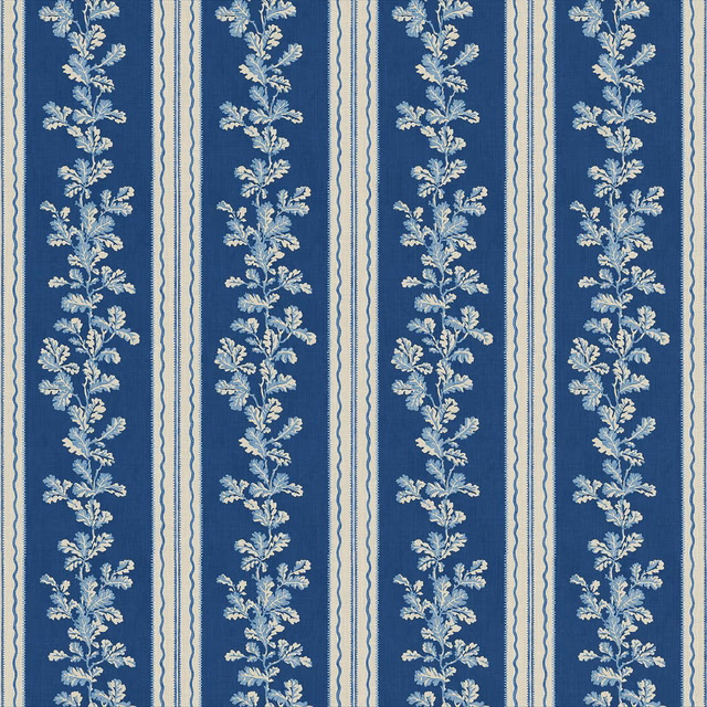 Deep blue linen with ivory and pale blue vertical floral stripes