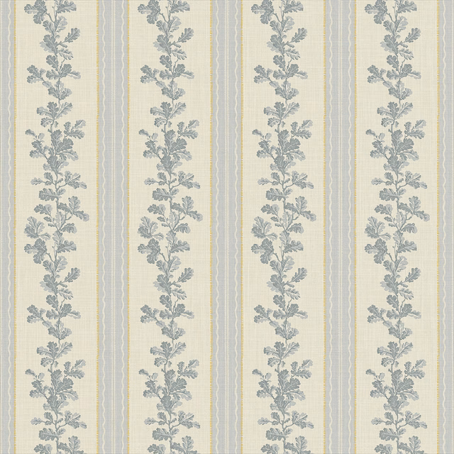 Pale linen ground with cool grey botanical stripes and fine yellow accents