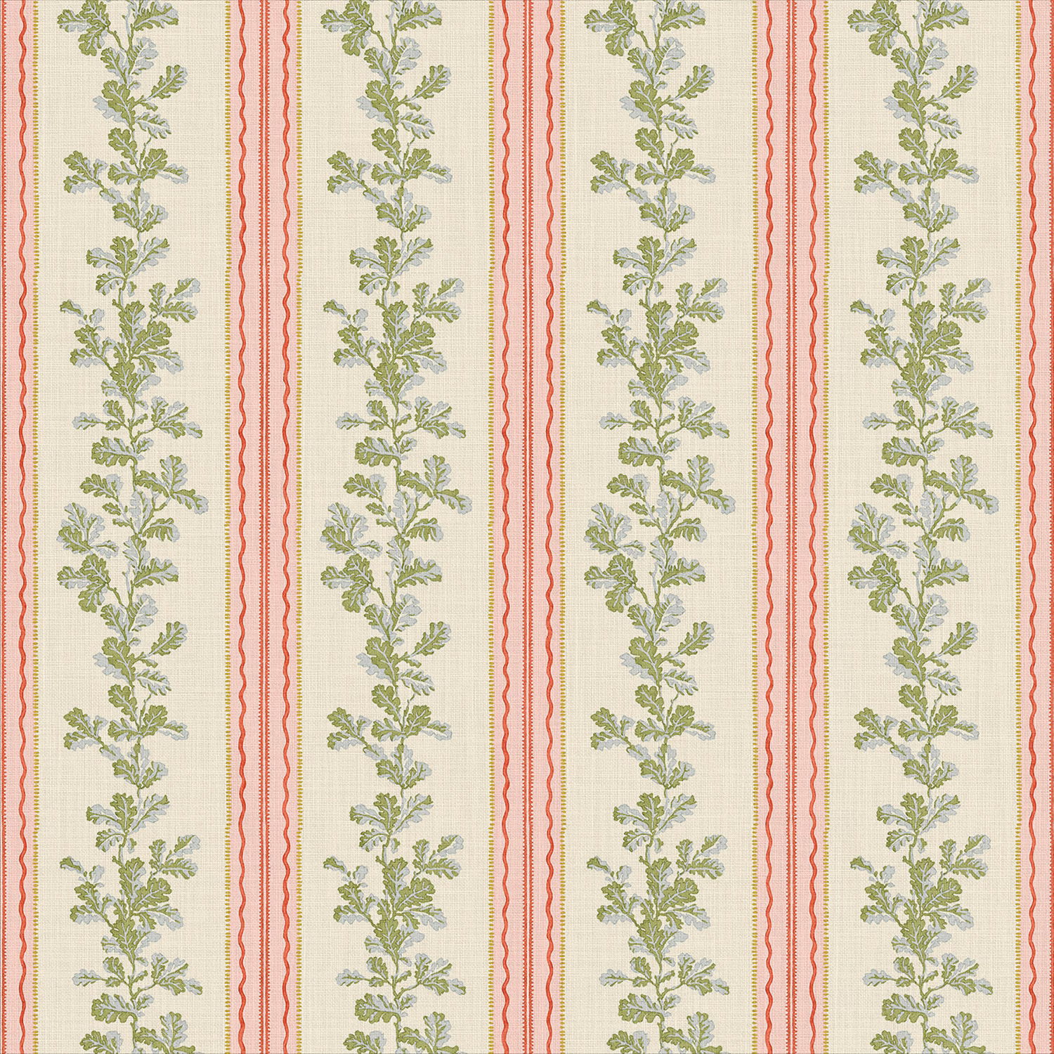 Cream stripe with sage botanical stems and pink wavy lines