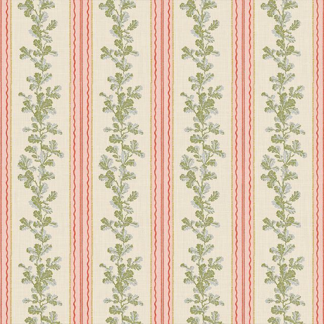 Cream stripe with sage botanical stems and pink wavy lines
