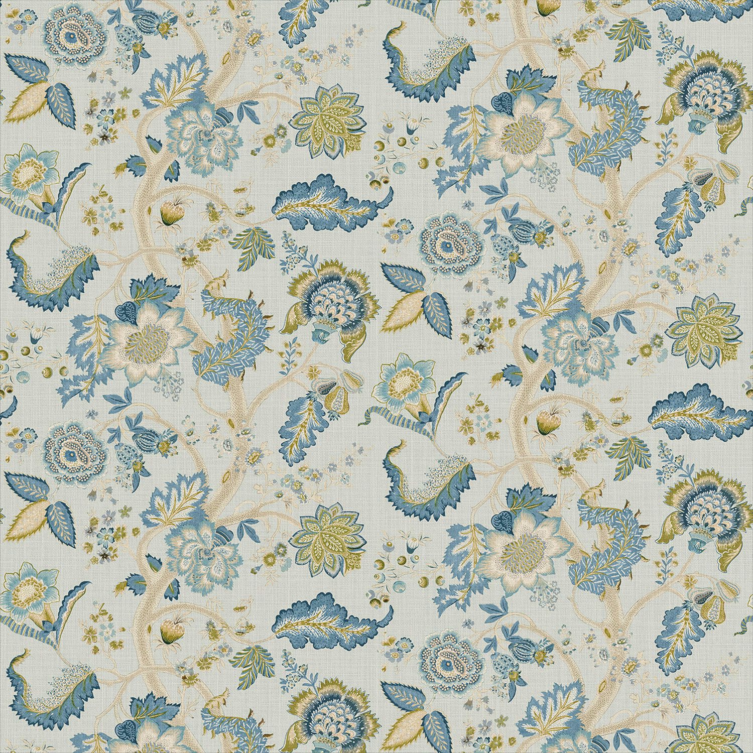 Cream linen ground with aqua-blue botanical sprays, sage leaves and ochre flower details