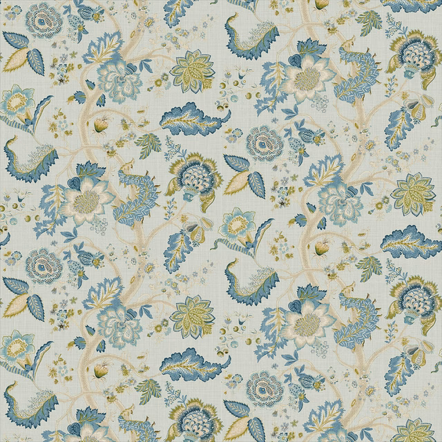 Cream linen ground with aqua-blue botanical sprays, sage leaves and ochre flower details